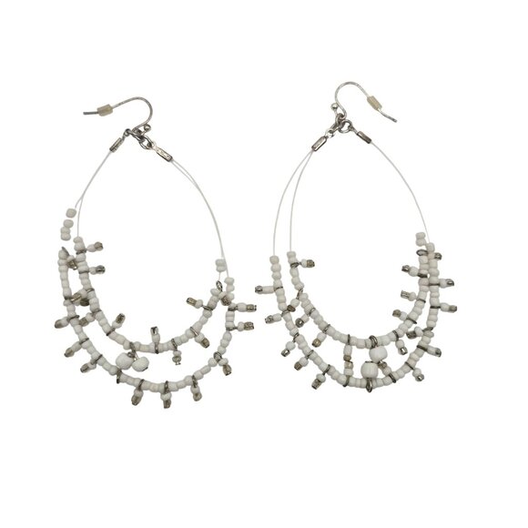 Women's Silver Tone Avon Bohemian Princess White Dangle Tear Drop Hoop Earrings - Picture 3 of 5